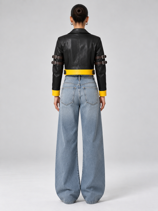 Women Canary Crop Leather Jacket