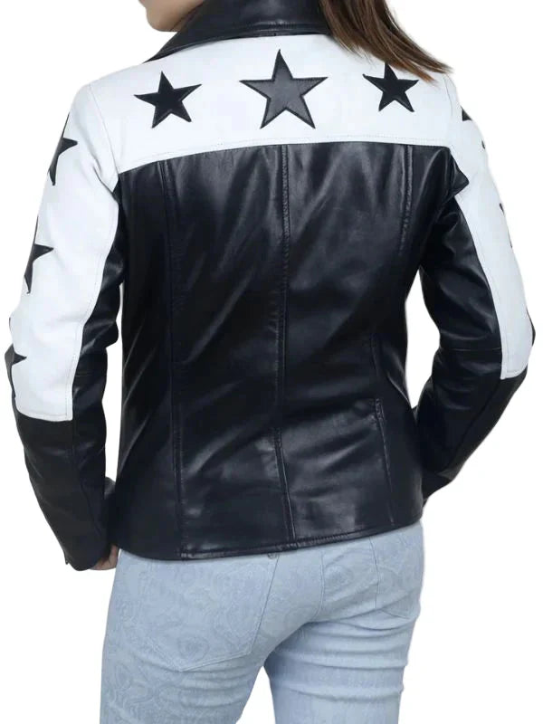 Black Motorcycle Leather Jacket with Star Patches