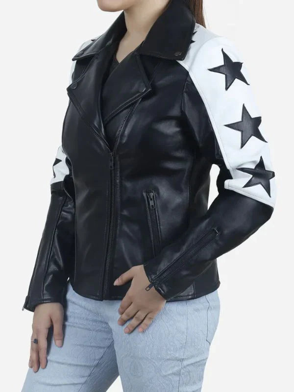Black Motorcycle Leather Jacket with Star Patches