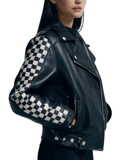 Checkered Studded Biker Jacket 