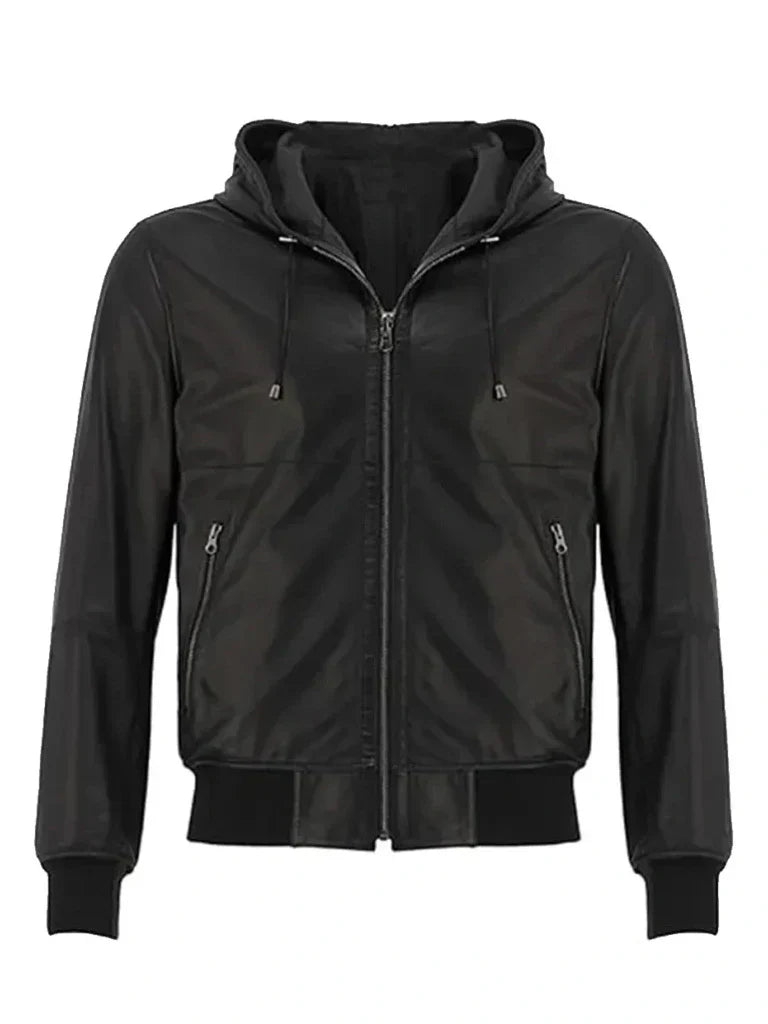 Classic Black Hooded Bomber Leather Jacket