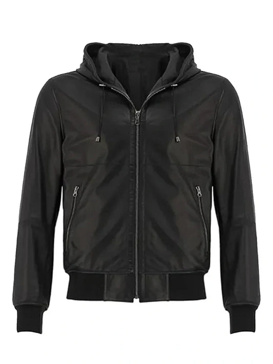 Classic Black Hooded Bomber Leather Jacket