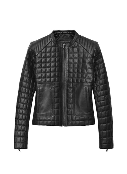 Classic Black Quilted Biker Leather Jacket for Women