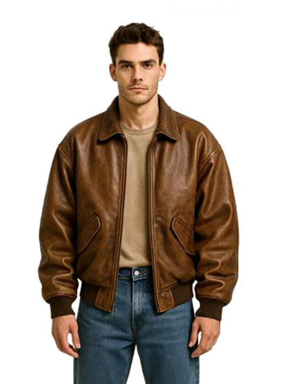 Classic Brown Leather Bomber Jacket for Men