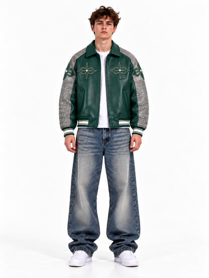 Green Lotus Leather Varsity Jacket