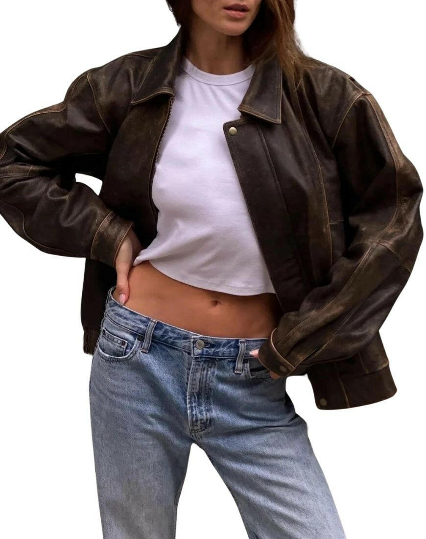 Vintage Oversized Brown Bomber Leather Jacket