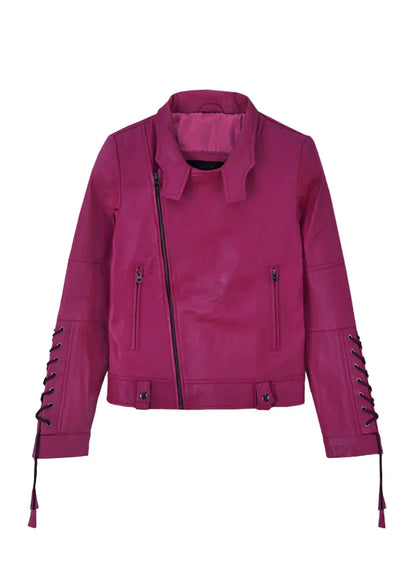 Trendy Pink Leather Jacket with Lace-Up Sleeve Detailing