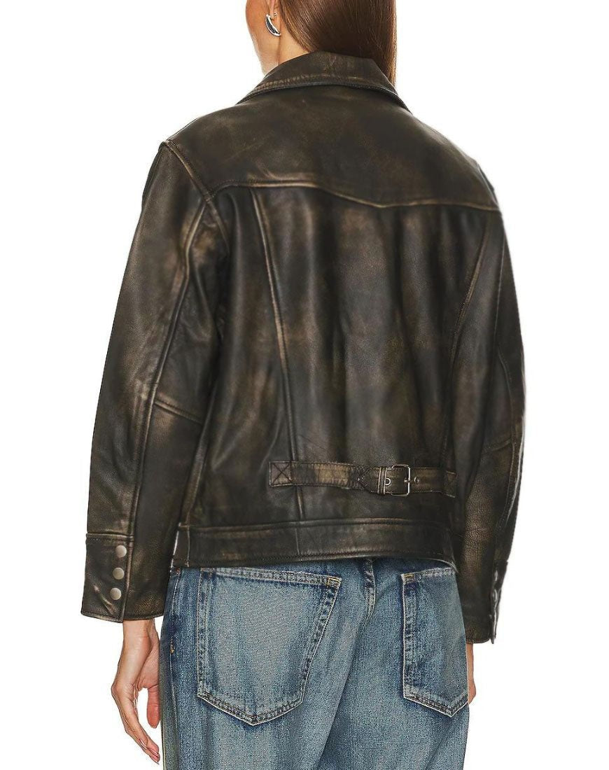 Distressed Brown Oversized Leather Jacket