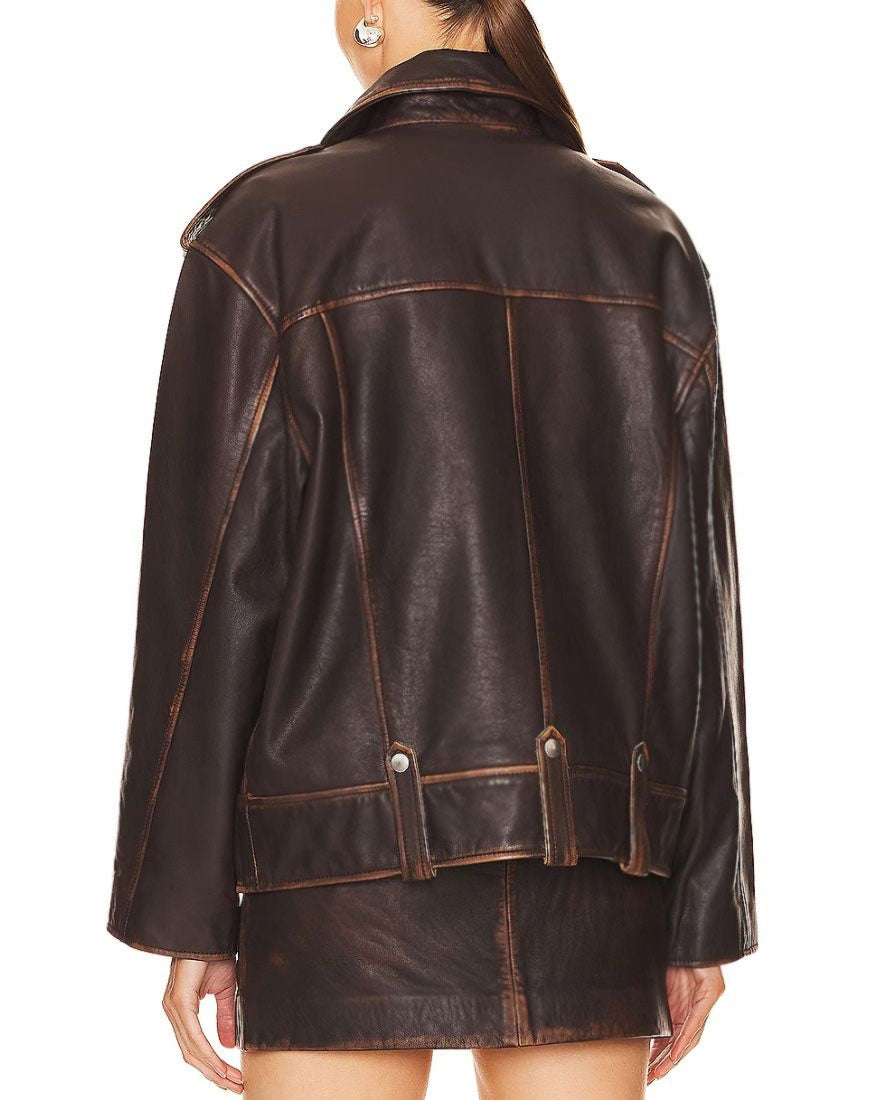 Distressed Brown Oversized Leather Jacket