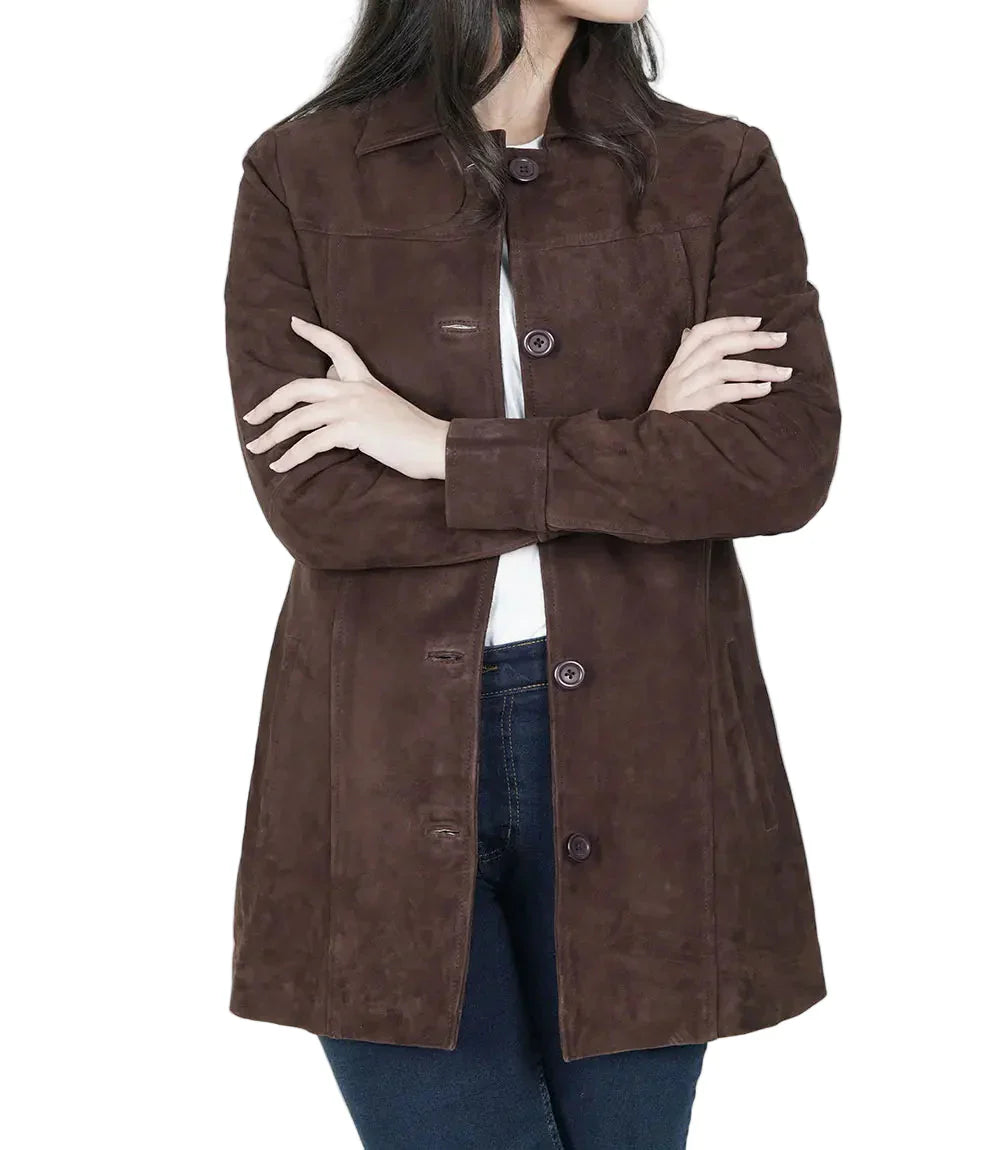 Women's Dark Brown Suede Button Down Coat