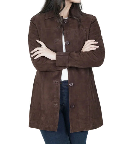 Women's Dark Brown Suede Button Down Coat