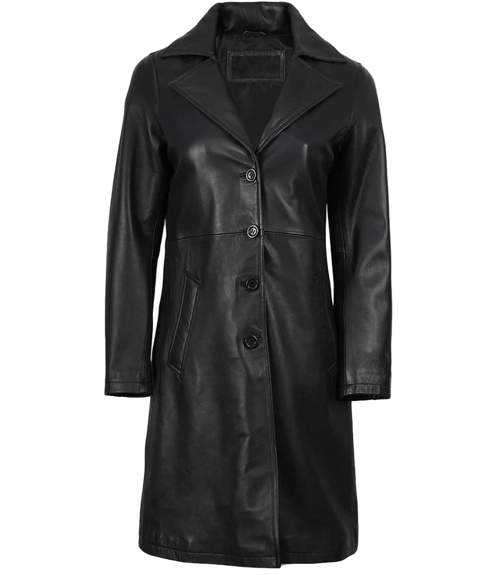 Women's Long Black Leather Car Coat