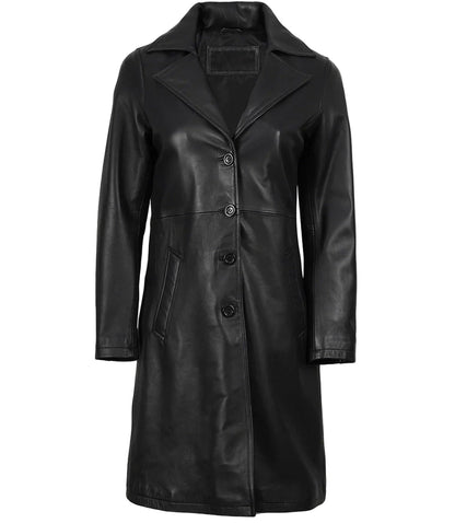 Women's Long Black Leather Car Coat