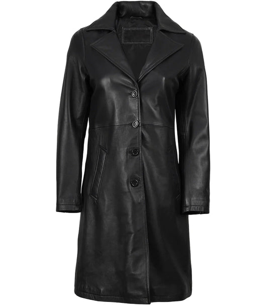 Women's Long Black Leather Car Coat