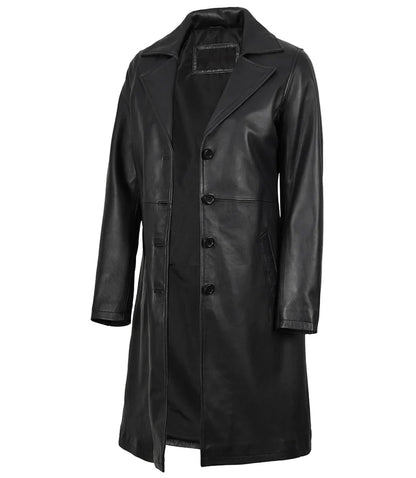 Women's Long Black Leather Car Coat