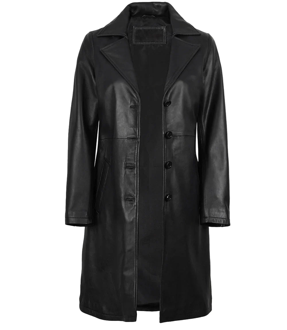Women's Long Black Leather Car Coat