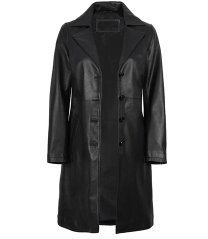 Women's Long Black Leather Car Coat