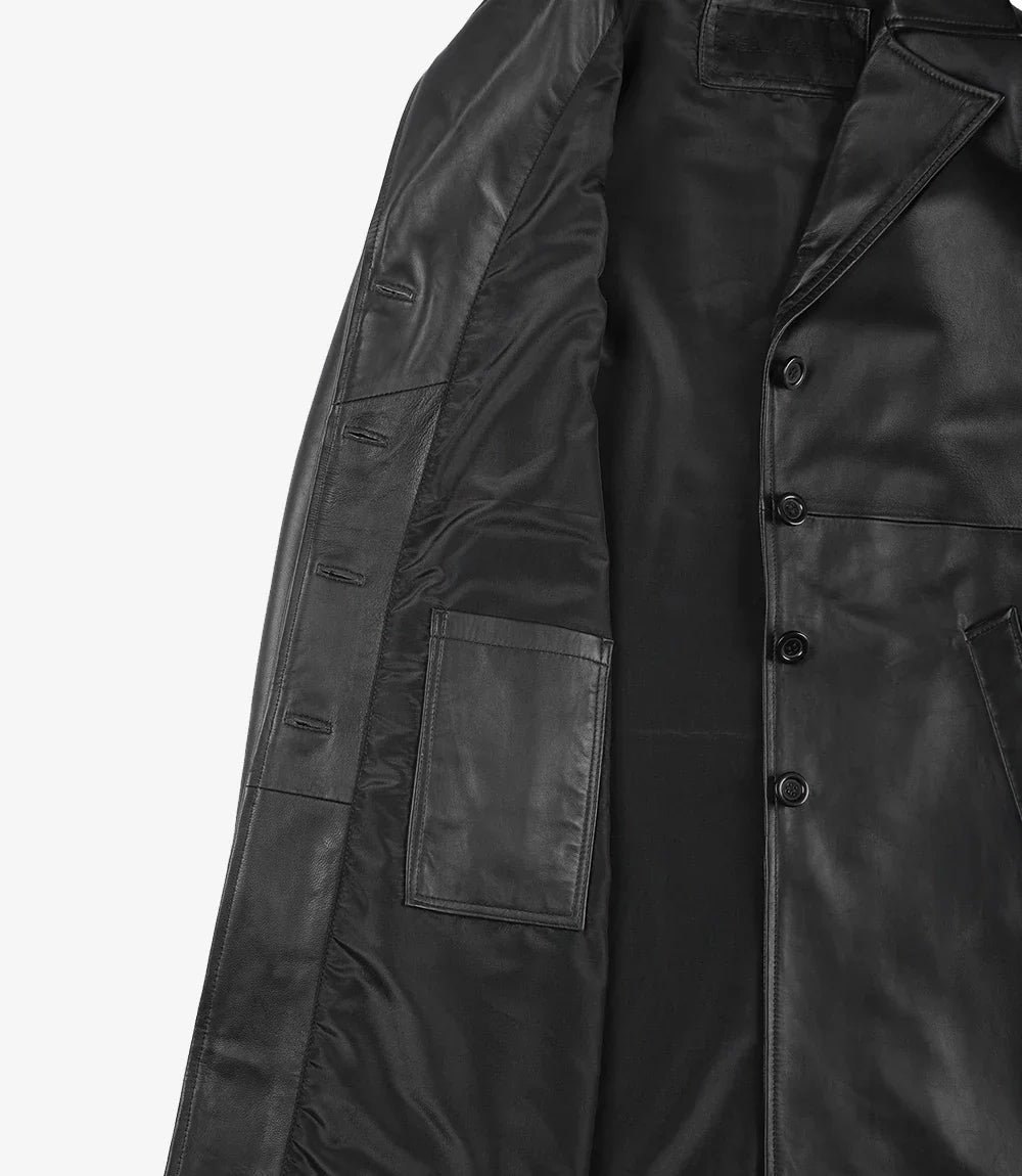 Women's Long Black Leather Car Coat