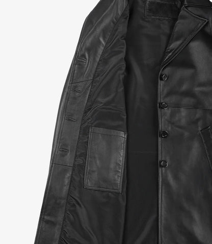 Women's Long Black Leather Car Coat