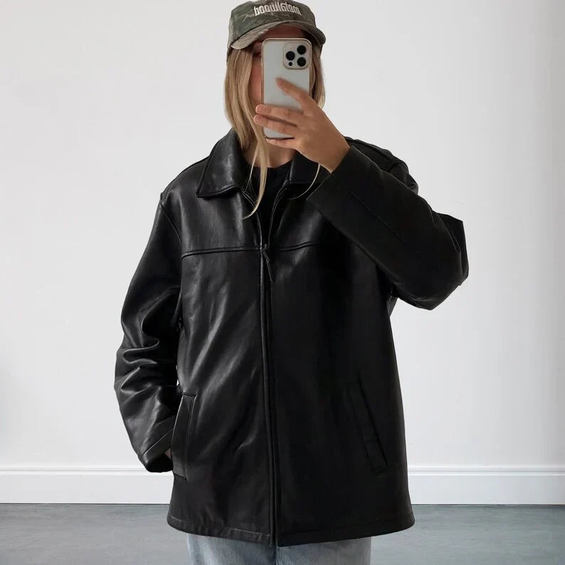 Women's Oversized Black Leather Jacket
