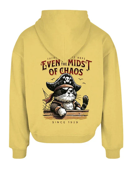 Yellow hoodie with a pirate cat graphic and text on the back